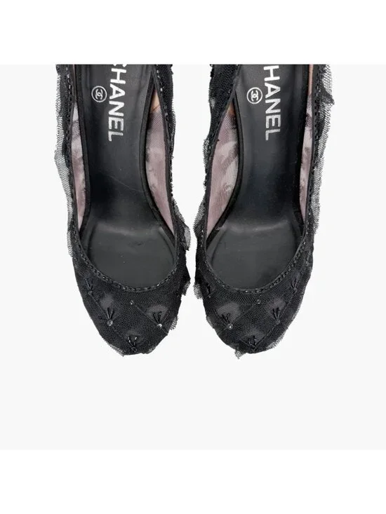 Chanel CC Bead-Embellished Pumps Black Mesh Lace Heels Size 38.5 US 7.5-8 - Picture 3 of 16